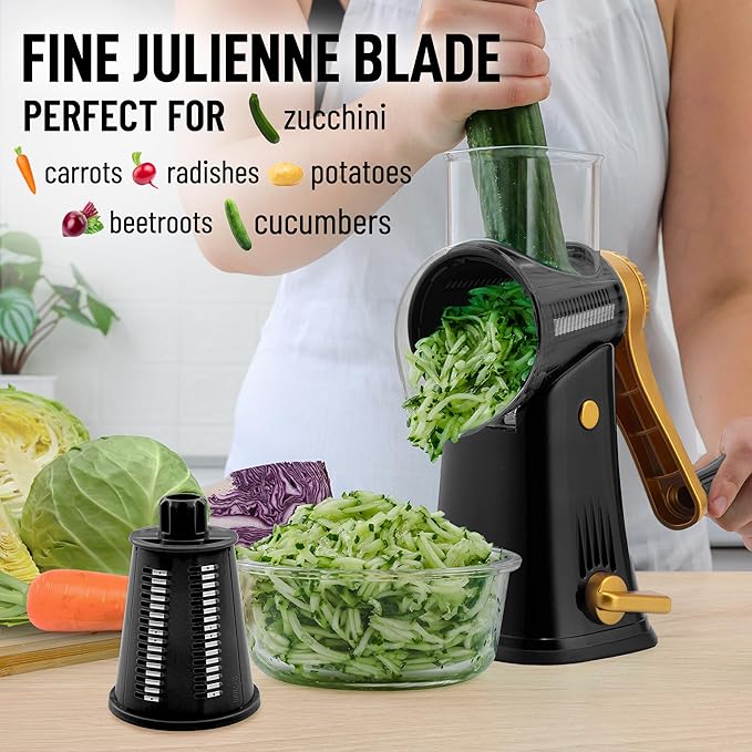 Zulay Kitchen Rotary Cheese Grater 5 Blade Cheese Shredder - Manual Hand Crank Cheese Grater With Reinforced Suction & 5 Interchangeable Drums - Easy to Use, Vegetable Chopper Round Mandoline Slicer