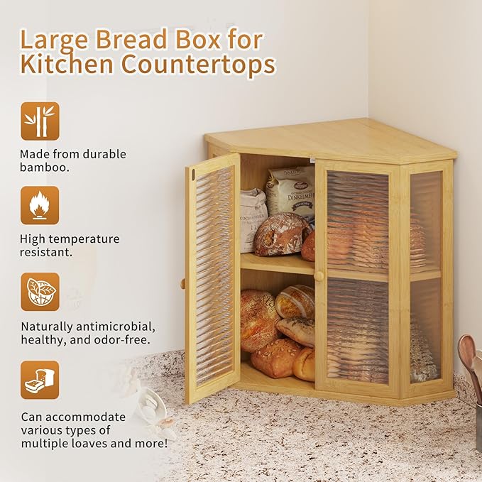 Extra Large Corner Bread Box for Kitchen Countertop, 16.5 inch Bamboo Double Layer Bread Storage with Glass Wavy Door Panel, Eco-Friendly and Stylish Design