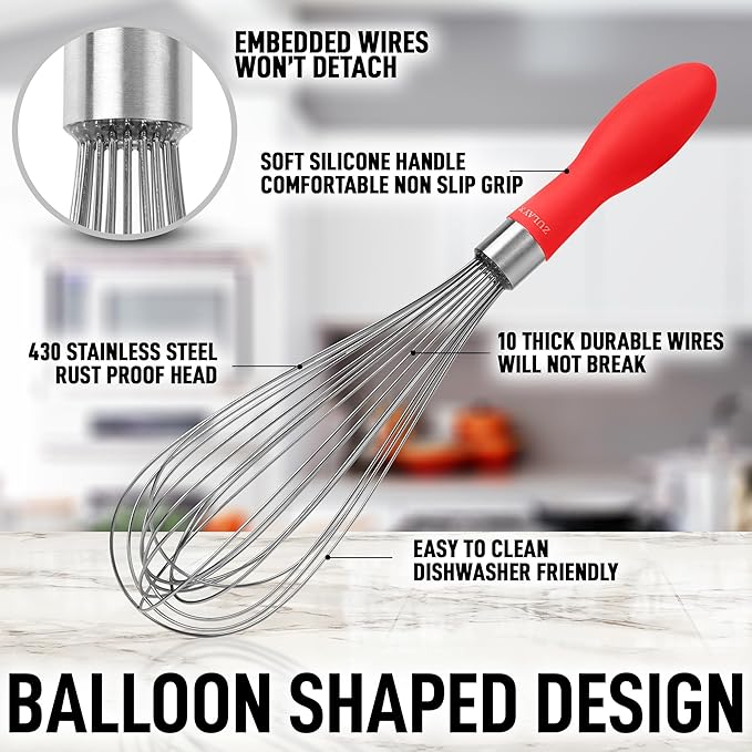 Zulay Kitchen Stainless Steel Balloon Whisk 12 Inch – Heavy Duty and Durable Wire Whisk with Non-Slip Silicone Handle for Blending, Whipping & Beating - Red