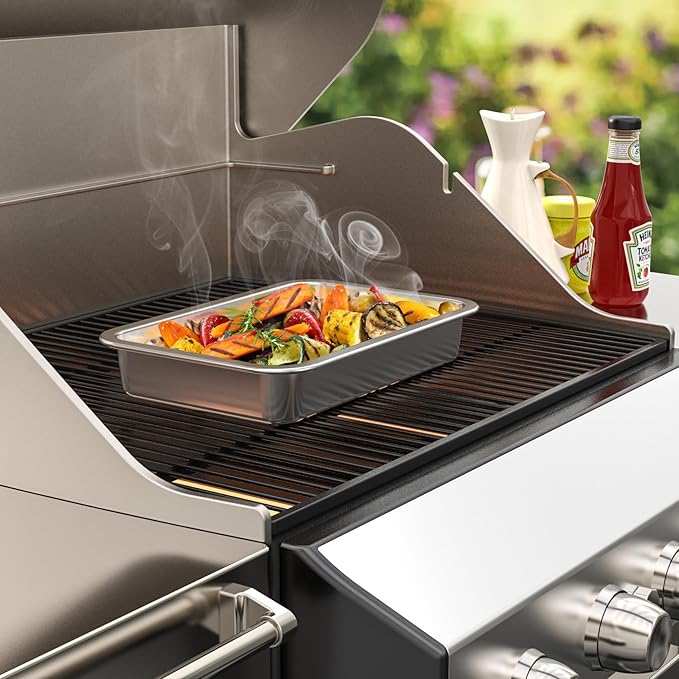 onlyfire Stainless Steel Baking Pan Barbeque Grilling Pan for Baking Breads, Grilling Chicken, Vegetables, 12.4" X 8.5" X 1.9"