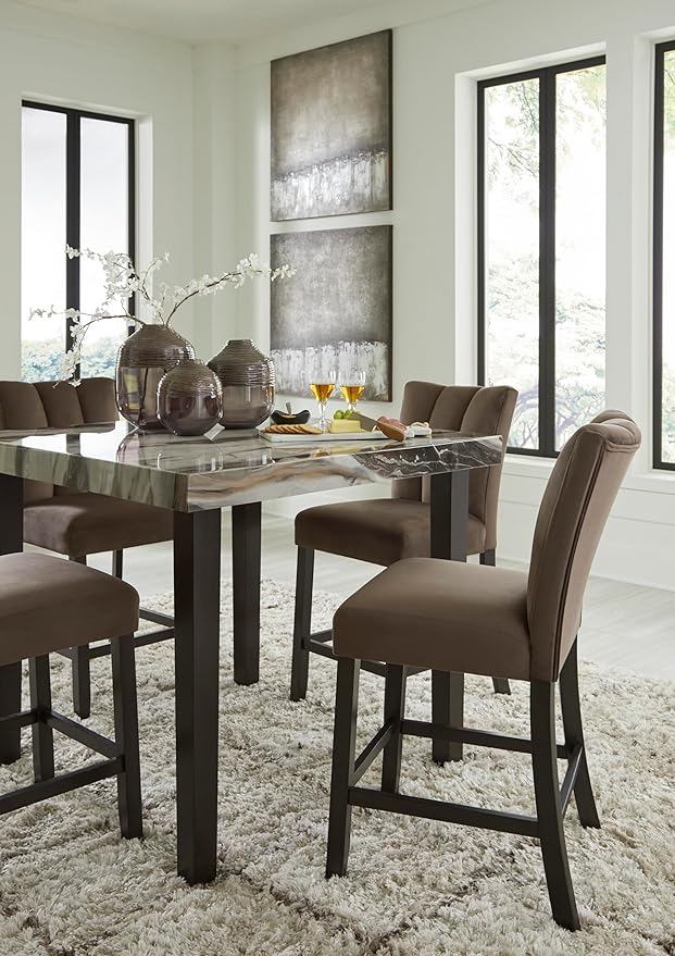Signature Design by Ashley Jazmore Contemporary Velvet Upholstered Counter Height Bar Stool with Footrest and Adjustable Levelers, Set of 2, Dark Brown & Black