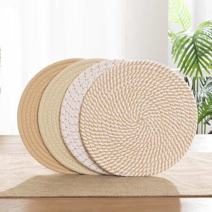 SHACOS 10 Inches Trivets for Hot Dishes, 4 Pieces Cotton Trivets Mats for Kitchen, Hot Pads for Countertops and Table, Heat-Resistant Pot Holders for Hot Pots and Pans(Khaki, 4pcs)