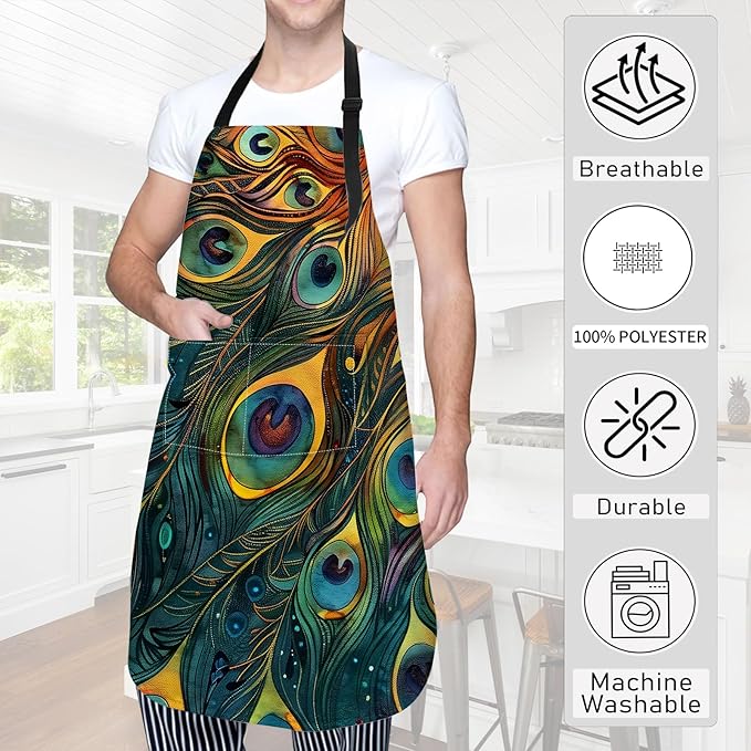 Peacock Apron,Oxford Fabric Adjustable Kitchen Apron with 2 Pockets,Waterproof Cooking Aprons for Men Women Mom Wife Dad,Ideal Gifts for Coffee House,Shop,Baking,BBQ,Housewarming,28x33in