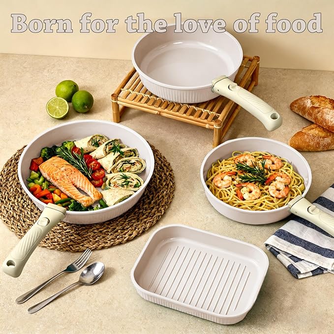 24 Pcs pots and pans set,pots and pans set non stick,Oven-safe and dishwasher-safe,PFAS/PFOA Free,Induction Dishwasher Oven Safe cookware set (White)