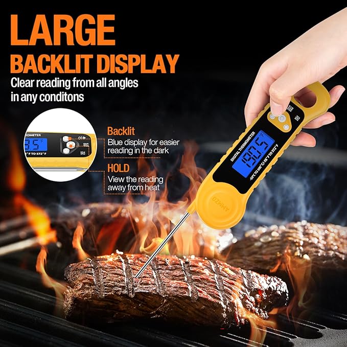 Meat Thermometer Digital, Instant Read Food Thermometer Waterproof with Backlight for Cooking, Deep Fry, BBQ, Grill, Smoker and Roast (Yellow)