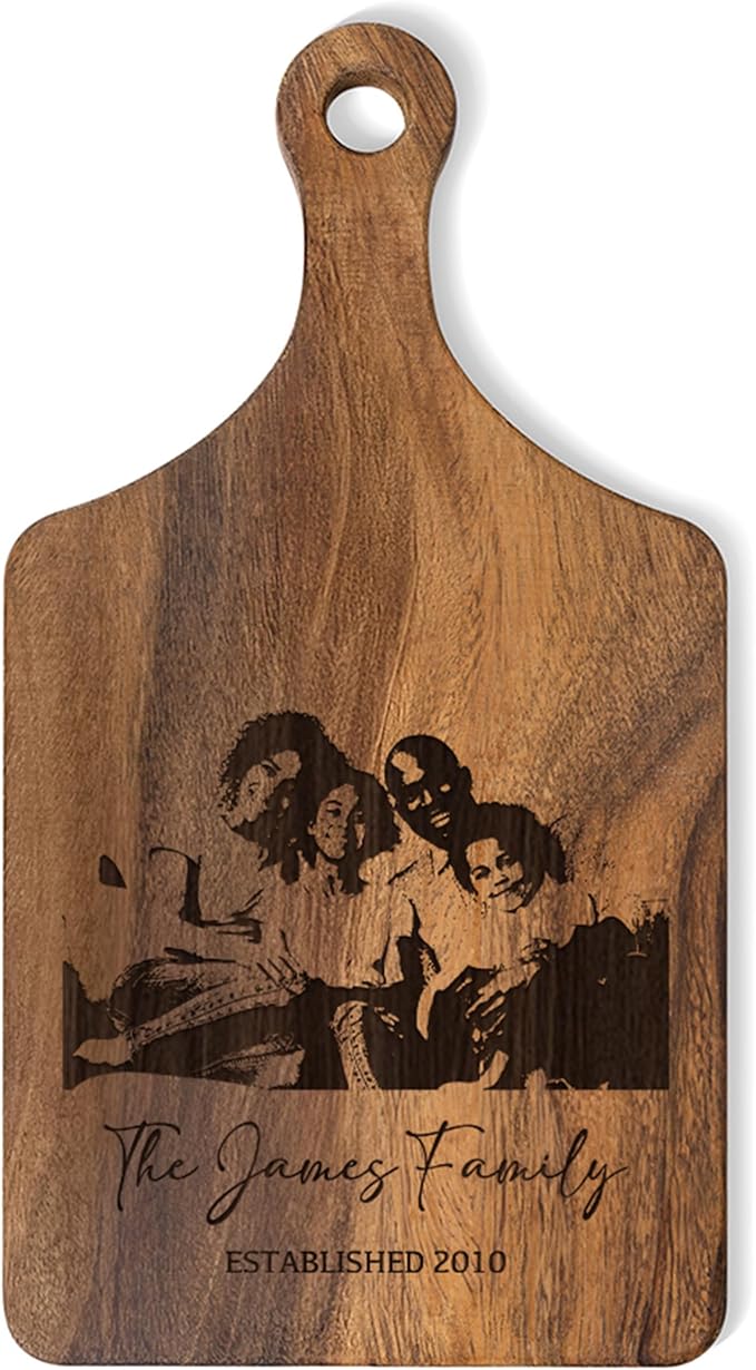 Personalized Wooden Engraved Cutting Boards with Handle, Custom Reversible Monogrammed Cheese Board S M L, Housewarming Wedding Gift for Family or Couple (Photo)