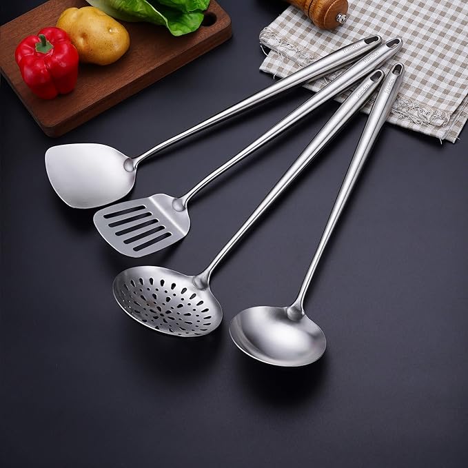 17” Wok Spatula and Ladle - 304 Stainless Steel Wok Tools Set, 2-Pieces Extra Long Handle Cooking Tools, All Metal Wok Utensils and Wok Accessories for Cast Iron/Carbon Steel Wok