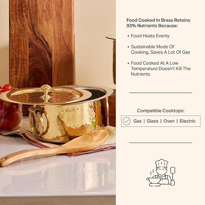 P-TAL Brass Stock Pot with Lid Naturally Nonstick and Toxin Free Pasta Pot Multipurpose Cooking Pot, PFOA and PTFE Free (1 Quart)