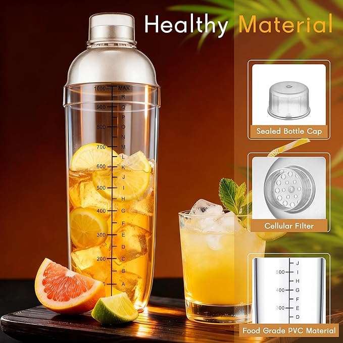 Plastic Cocktail Shaker with Measuring Scale 33oz (1000ml), Leak-Proof & Shatter-Resistant Drink Mixer for Bartending, Protein Shakes, Iced Coffee & Milk Tea