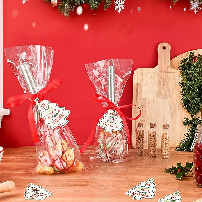 12 Sets 10 Inch Christmas Whisk Baking Gifts, DIY Fillable Christmas Tree Ornaments, Xmas Colored Silicone Whisks for Xmas Employee Neighbor Cooking Supplies Xmas Stocking Stuffers Candy Holder