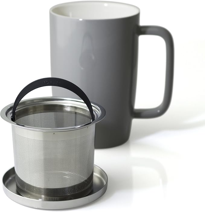 FORLIFE Dew Glossy Finish Brew-In-Mug with Basket Infuser & "Mirror" Stainless Lid 18 oz., Gray