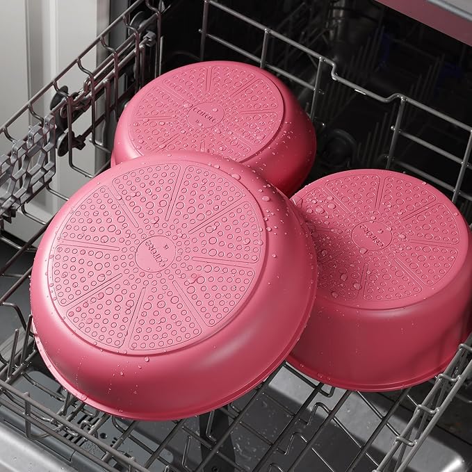 CAROTE Ceramic Sauce Pan Sets with Stand-Up Lid 3QT & 4QT, 10 Piece NonStick Kitchen Cookware Sets with Detachable Handle, Non Toxic Cooking Pot, Oven Safe, Induction Ready, Pink