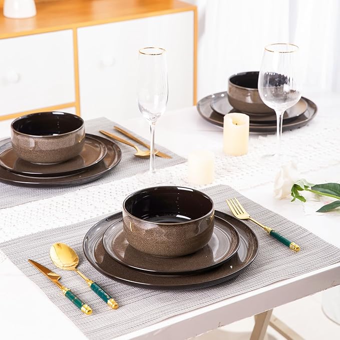 LERATIO Ceramic Dinnerware Sets for 4,Porcelain Plates and Bowls Sets,Microwave & Dishwasher & Oven Safe,Scratch Resistant Dishes Sets-Service for 4 (12pcs)-Mordern-coffee