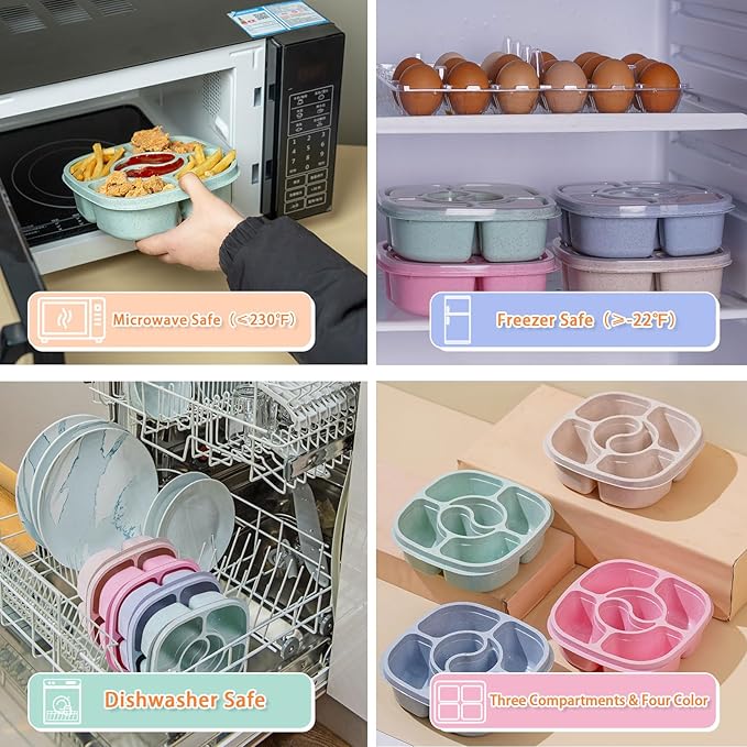 4 Pack Snack Containers, 6 Compartments Bento Snack Boxes, Reusable Meal Prep Lunch Containers BPA-Free, Divided Food Storage Containers for Work Travel