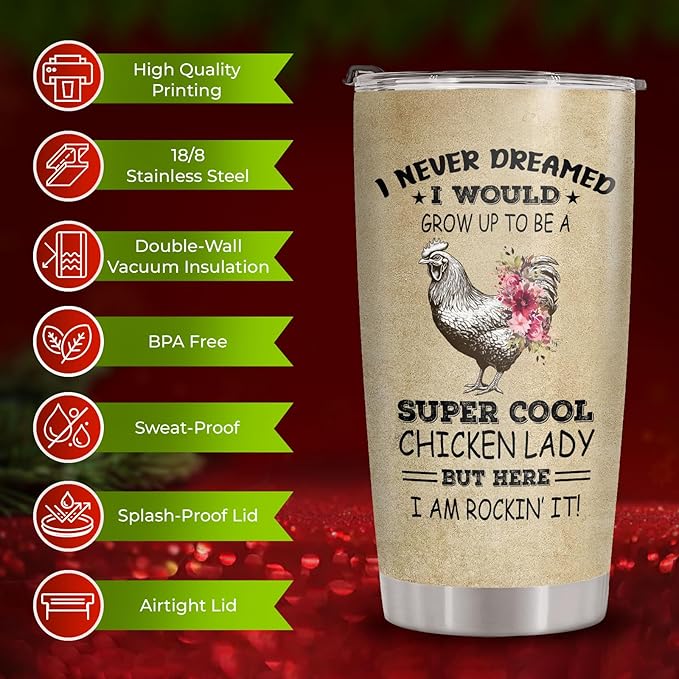 34HD Chicken Mom Tumbler with Lid, 20oz Stainless Steel Vacuum Insulated Farm Animal Mug, Chickens Farmer Gifts for Women, Chicken Gifts for Birthday Mothers Day