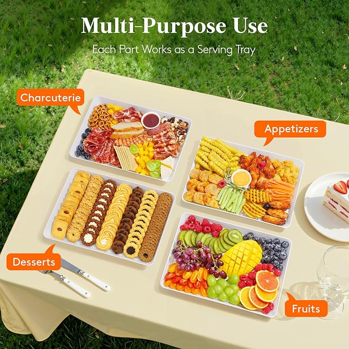 Lifewit Plastic Serving Tray for Party Supplies, 6 Pcs White Trays for Serving Food, Reusable Platter for Buffet, Fruit, Charcuterie, Snack, Rectangle, Holiday Christmas Essentials, BPA Free