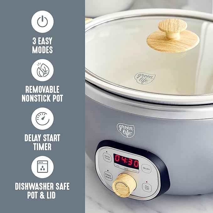 GreenLife 6QT Slow Cooker, Non-Toxic PFAS-Free Ceramic Nonstick Removable Interior Bowl, Programmable, Family Friendly, Keep Warm, Stovetop & Oven Safe, Dishwasher Safe Crock, Timer, Glass Lid, Gray