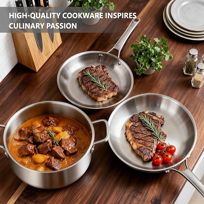 VINGLI 11 Pcs Cookware Set, Stainless Steel Pots and Pans Set with Lids, Non-Toxic Saute Sauce Pot, Soup Pot, Frying Pan, PFOA & PTFE Free, Compatible for All Cooktops (11 Cookware Set)