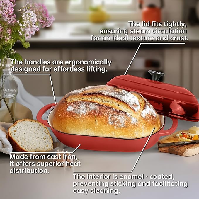 Premium Enameled Cast Iron Dutch Oven for Bread Baking | Non-Stick 5QT Oval Bread Oven with Lid | Perfect for Sourdough, Loaf, and Artisan Baking (Oval Red, 5 QT)