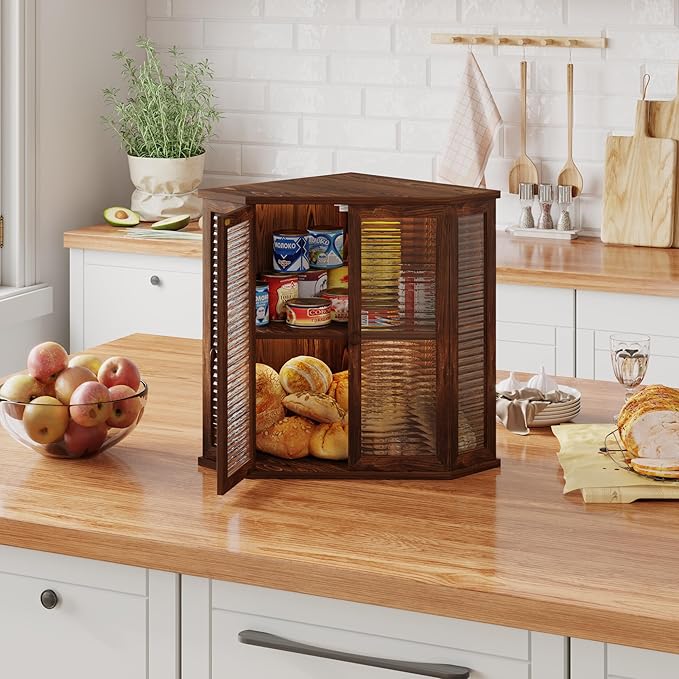 Extra Large Corner Bread Box for Kitchen Countertop, 16.5 Inch Charred Pine 2-Tier Breadbox with Glass Wavy Door Panel, Vintage Farmhouse Style Wood Design