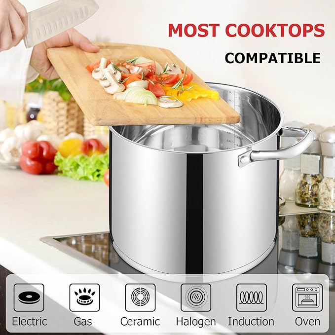 LIANYU 12 QT Stock Pot with Lid, 12 Quart Stainless Steel Large Tall Soup Pot for Cooking, Big Deep Stockpot with Visible Lid, Tri-ply Heavy Duty Stockpot for Induction, Stoves, Gas