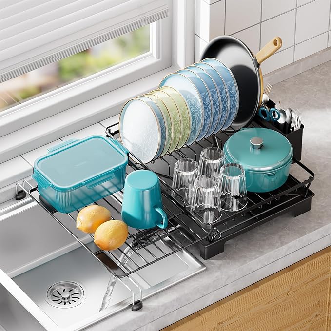 Simple Trending Dish Rack, Extendable Sink Dish Drying Rack for Kitchen Counter, Large Anti-Rust Dish Drainer with Utensil Holder, Black