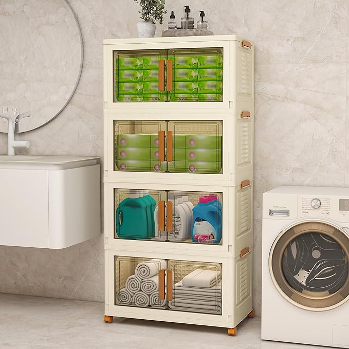 Plastic Stackable Storage Bins with Lids and Wheels, Foldable Closet Organizers and Storage Containers, Collapsible Clear Drawer Storage Cabinet with Doors Ivory White 182.4 QT