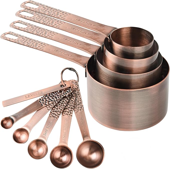 Copper Measuring Cups and Spoons Set, Stainless Steel Measuring Tools Set for Baking & Kitchen, Metric & US 4 Copper Plated Measure Cups and 5 Measure Spoons with Leveler for Wet & Dry