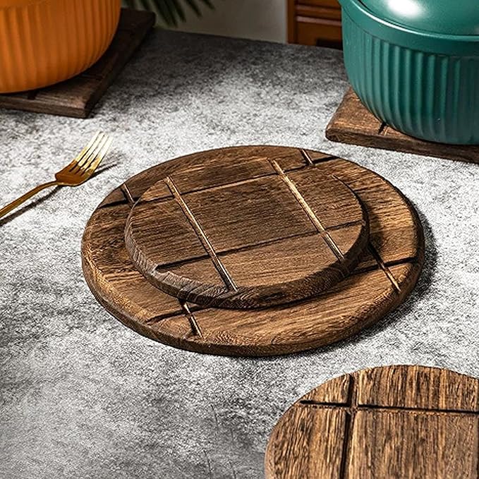Wooden Placemat Set, Kitchen Wooden Heat Mat, Heat Resistant Mat for Hot Dishes/Pots/Bowls/Teapots/Fondue Holders, Non-Slip and Durable, Round (Set of 3), Two Small and One Large