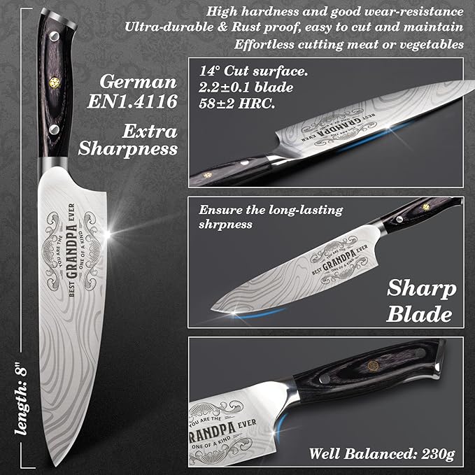 Best Grandpa Ever Gifts for Men Grandpa, Christmas for Grandpa Papa Gifts, 8 Inch German Professional Chef Knife, Men Grandpa Birthday Presents, Kicthen Cooking Knife Gift Set