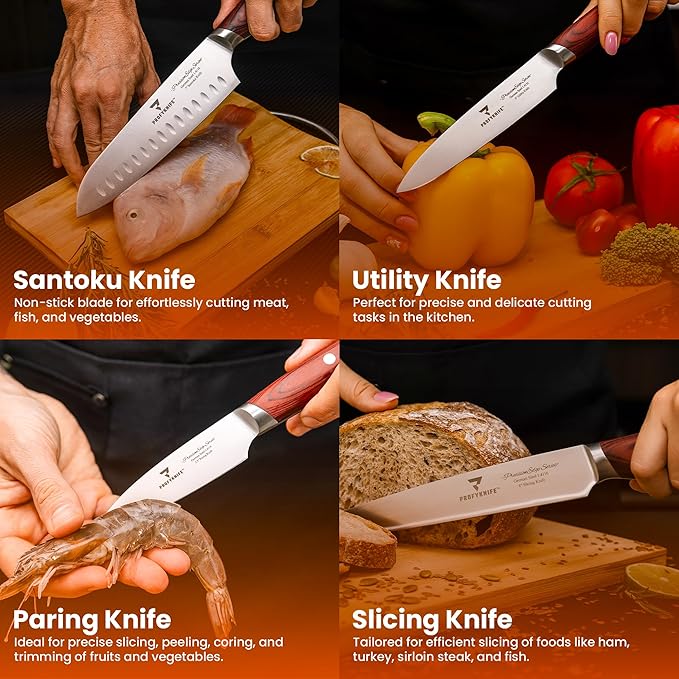 PrecisionEdge Ultra Sharp Japanese Chef Knife Set Professional Slice Cooking with Red Pakkawood Handles Japanese Kitchen Knives Sets without block Culinary Chef Knives (5PCs Knife Set)