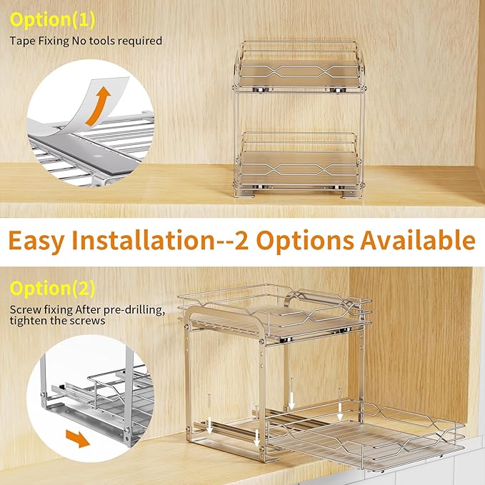 Pull Out Spice Rack Organizer for Inside Cabinet, 2 Tier Spice Rack Spice Organization for Cabinet 6 Height Adjustable, Seasoning Organizer, 9.2"W x 10.4"D x 9.8"H (Also for Cabinet with Lip)