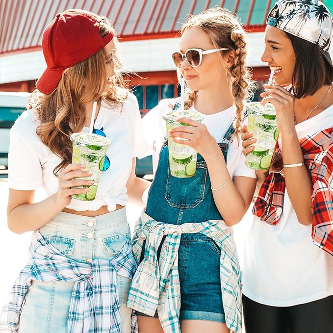Turbo Bee 200 Sets 24 OZ Clear Plastic Cups with Lids and Straws, Disposable To Go Iced coffee cups with lids for Cold Drinks, Smoothie, and Slushie