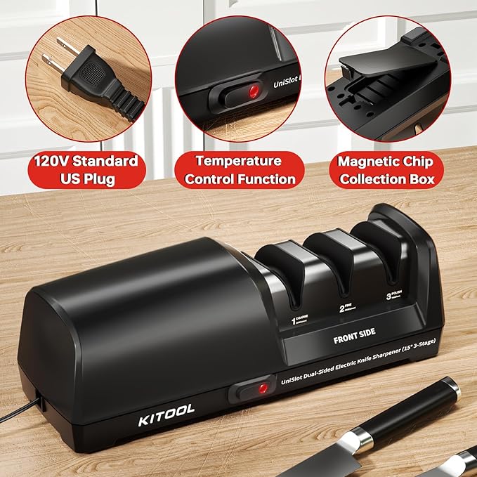 Electric Knife Sharpener, Dual-Sided 3-Stage Sharpener with Diamond Abrasives & Precision Guides, Professional Sharpener for Straight, Serrated & Ceramic Knives