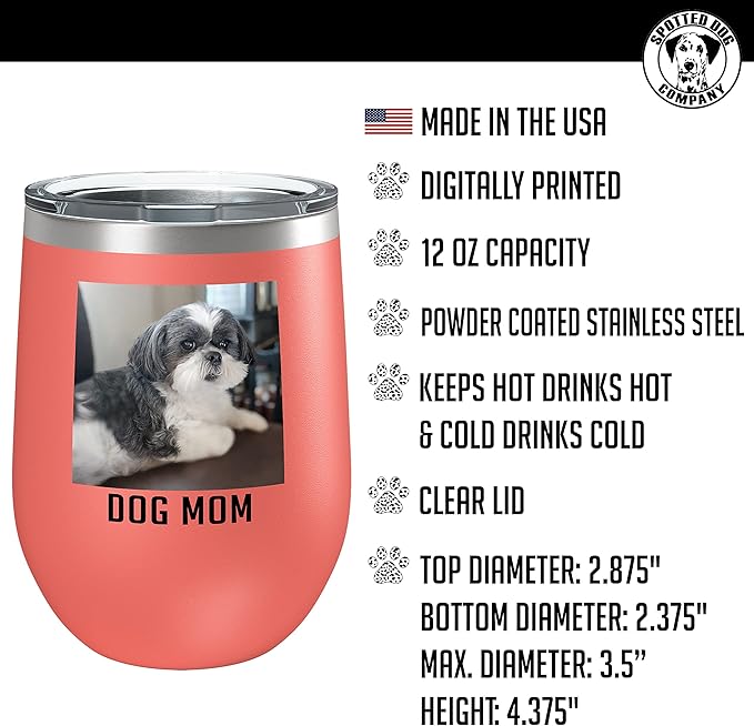 Personalized Mothers Day 12oz Photo Printed Insulated Stainless Steel Powder Coated Stemless Wine Tumbler with Lid, Customized Mom Gift Idea For Her, Custom Mum Team Mom Dad (Coral)