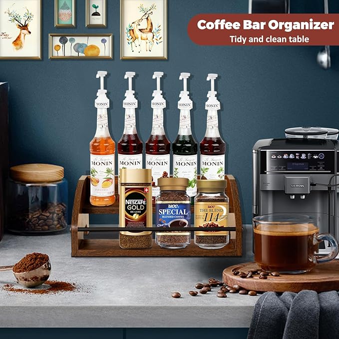 Wooden Countertop Organizer- Liquor Bottle Display Shelf, Coffee Syrup Rack Organizer, Spice Rack, Liquor Cabinet – Small Counter Storage, Stepped Pantry Shelf for Seasonings, Tea, Spice (Brown)