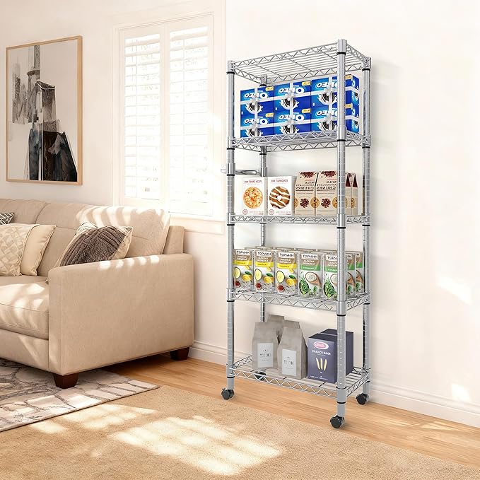 5-Tier Storage Shelves 1100 LBS Heavy Duty Metal Wire Rack Shelving with Lockable Wheels, 61" H Rolling Storage Rack for Pantry Kitchen Garage Bedroom Organization