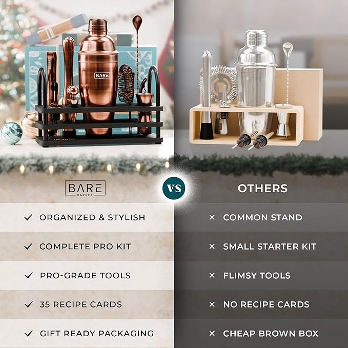 BARE BARREL® Mixology Bartender Kit Bar Set | 14-Piece Cocktail Shaker Set | Martini Barware Mixing Tools for Home Bartending | 35 Recipe Cards | Gift Set (24oz Cobbler Shaker, Copper/Black)