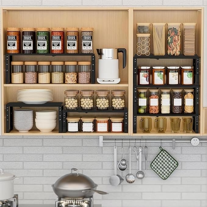 Expandable Spice Rack Organizion for Kitchen Cabinet, Seasoning,Bathroom Organizer Display Shelf, Stackable Multi-Purpose Shelves.Easy-to-Install（3Packs/Black,Large