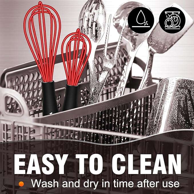 Walfos Mini Whisk Red Small whisk-Non Scatch Rubber Coated Whisks,Mini silicone whisk 5&7 inch Tiny Wisk,Nice for mixing and stirring small batches of powder and sauce in small bowl containers.2pcs