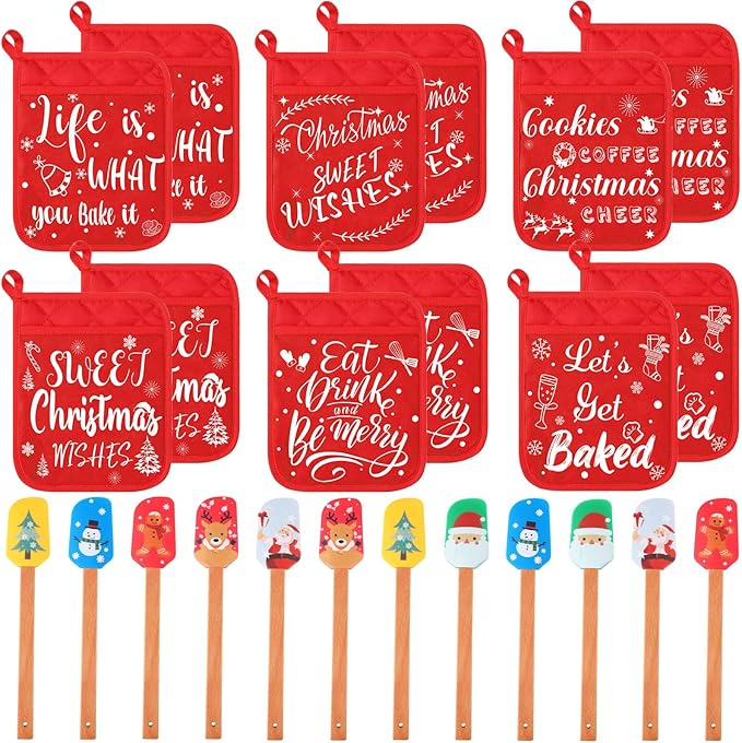 Yaomiao 24 Pcs Christmas Pot Holders with Silicone Spatula Set Wooden Handles Pot Holders for Christmas Kitchen Utensils xmas Baking Gifts for Neighbor Cooking Essentials(Simple)