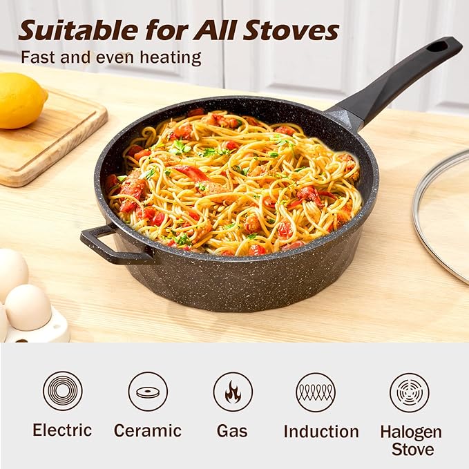 Nonstick Deep Frying Pan Skillet with Lid, 12 Inch Large Skillet, 5 Quarts Saute Pan, Granite Stone Non Stick Cooking Pan, Induction Compatible, PFOA Free