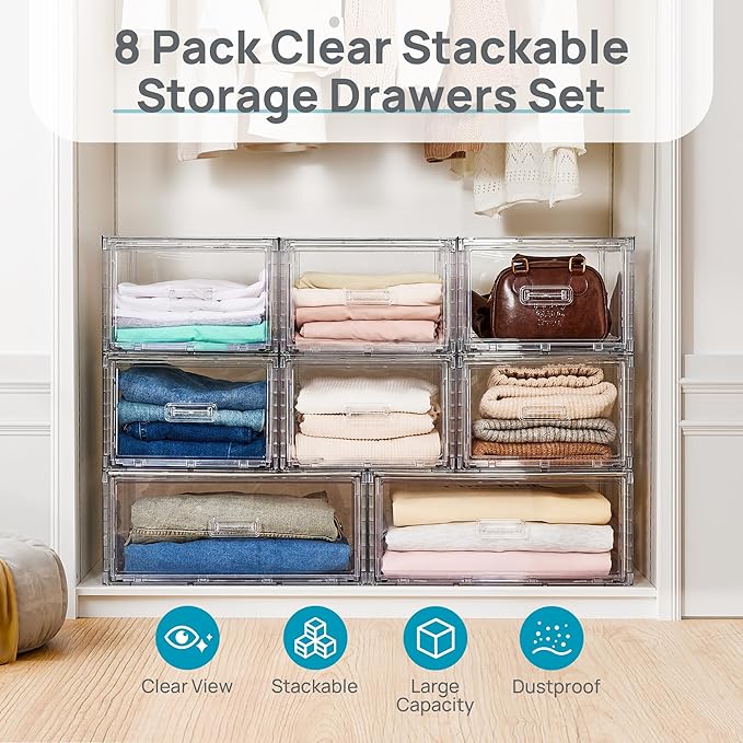 Vtopmart 8-Piece Large & Medium Stackable Drawer Organizer Set, 162QT Clear Storage Cabinet with Easy Assembly, Durable Drawers for Closet, Bedroom, Entryway, Playroom & Apartment Organization