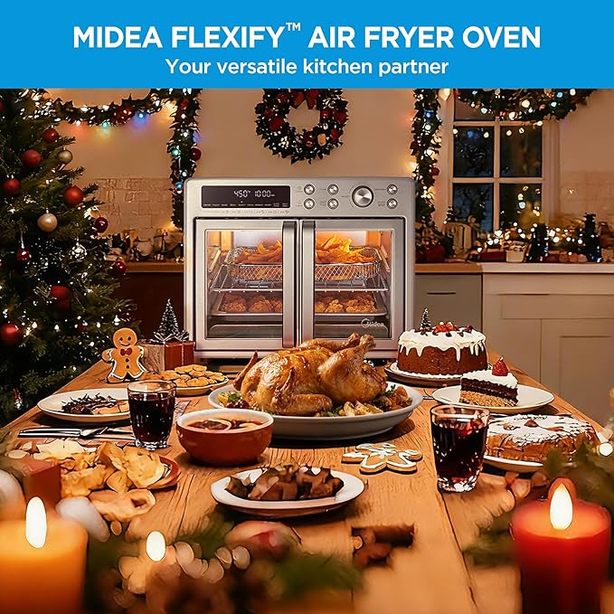 Midea Flexify French Door Toaster Oven Air Fryer Combo, 26.4 QT, Extra Large Air Fryer Countertop Oven 10-in-1 Combo, 25% Faster Cooking and 90% Less Oil, Stainless Steel
