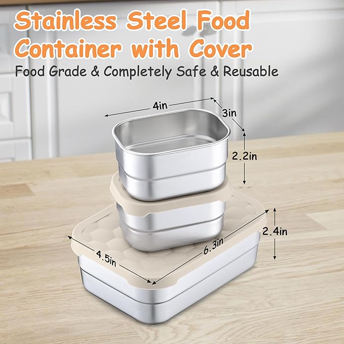 Homikit 3 Pack Kids Lunch Box Set, 18/10 Stainless Steel Bento Boxes with Silicone Lids Leak Proof, 5 Cups Reusable Metal Food Snack Containers for School Daycare, Nontoxic & Dishwasher Safe, Khaki