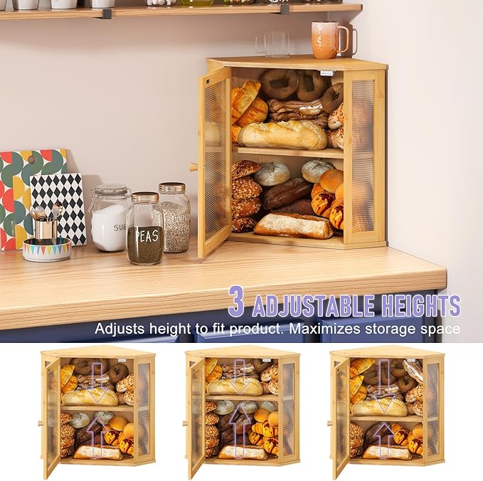 Corner Bread box for Kitchen Countertop,Farmhouse Bread Box with Acrylic Wavy Door Panel,Large Bread box for kitchen countertop,Kitchen Countertop Food Storage Container (Natural, Extra Large)