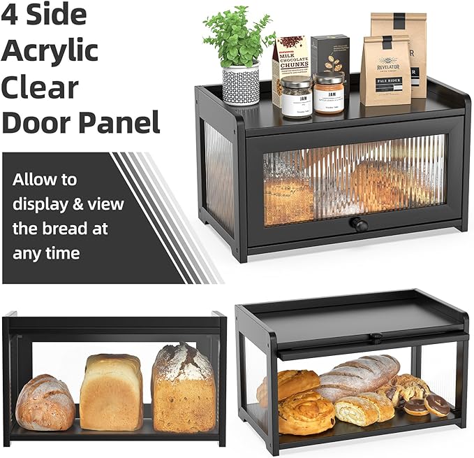 BAMBANG Bamboo Bread Box for Kitchen Counter, Large Capacity Bread Storage Container Farmhouse Bread Box with 3 Sides Wavy & Back Clear Window, Breadbox Bread Bin Holder for Homemade Bread, Black