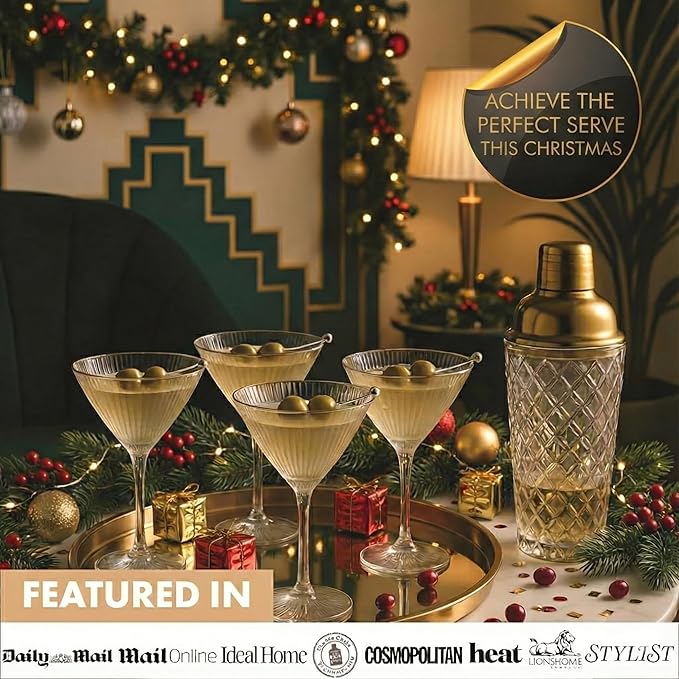 VEMACITY - Ribbed Espresso Martini Glasses Set of 4-8oz Gold Rim Cocktail Glasses with Bar Spoon and Jigger - For Margaritas, Cosmos & More | Ideal for Christmas & New Years