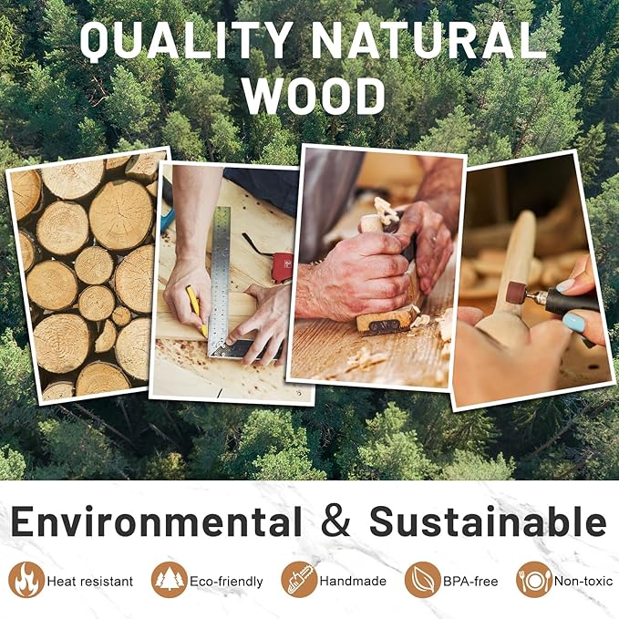 Pleafind Natural Teak Wooden Utensil Set - 9 Pcs, Wooden Spoons for Cooking, Wooden Cooking Utensils Set with Holder ＆ Spoon Rest, Soft Comfort-Grip Wood Kitchen Utensil Set for Non-Stick Cookware