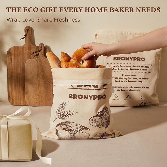 BRONYPRO Beeswax Linen Bread Bags for Sourdough, 2 Pack XL Reusable Waxed Bags for Homemade Bread Rounds, Breathable Sourdough Loaf Storage, Eco-friendly & Long-latsing, Beige